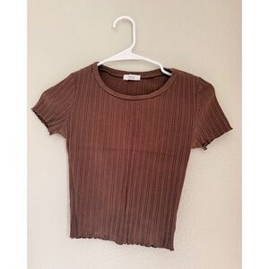 Active USA Brown Ribbed Baby Tee - Cropped Short Sleeve S/M